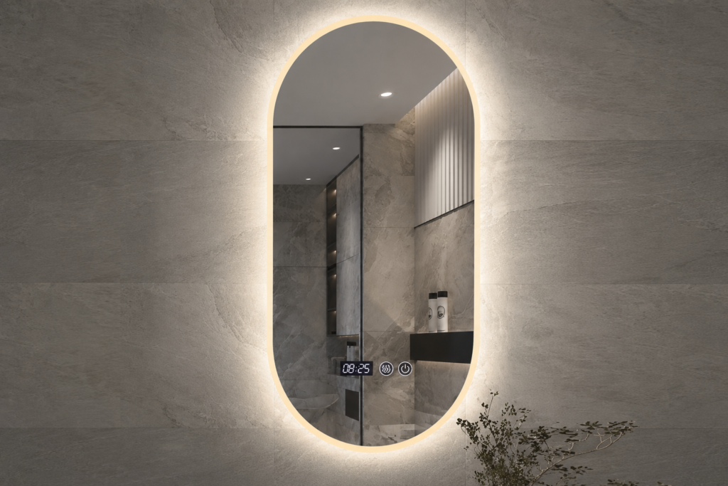 Miroir Ovale LED avec Horloge Digitale Intégrée
