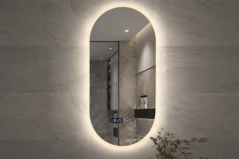 Miroir Ovale LED avec Horloge Digitale Intégrée