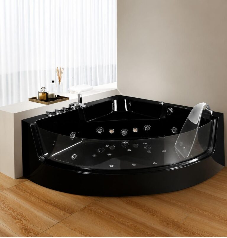 Jacuzzi d&rsquo;angle noir avec jets hydromassants et appuie-tête