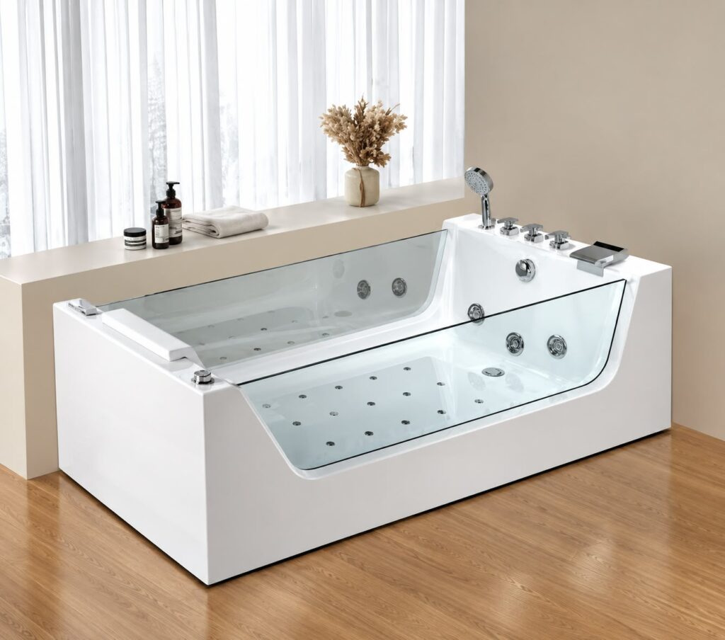 Jacuzzi rectangulaire blanc en acrylique avec vitre panoramique