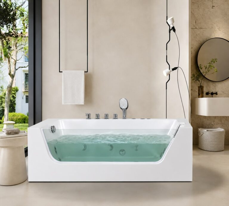 Jacuzzi rectangulaire blanc en acrylique avec vitre transparente