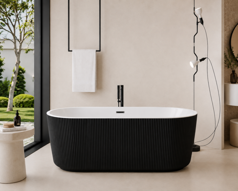 Baignoire Ovale Autoportante – Noir & Blanc, Effet Bardage