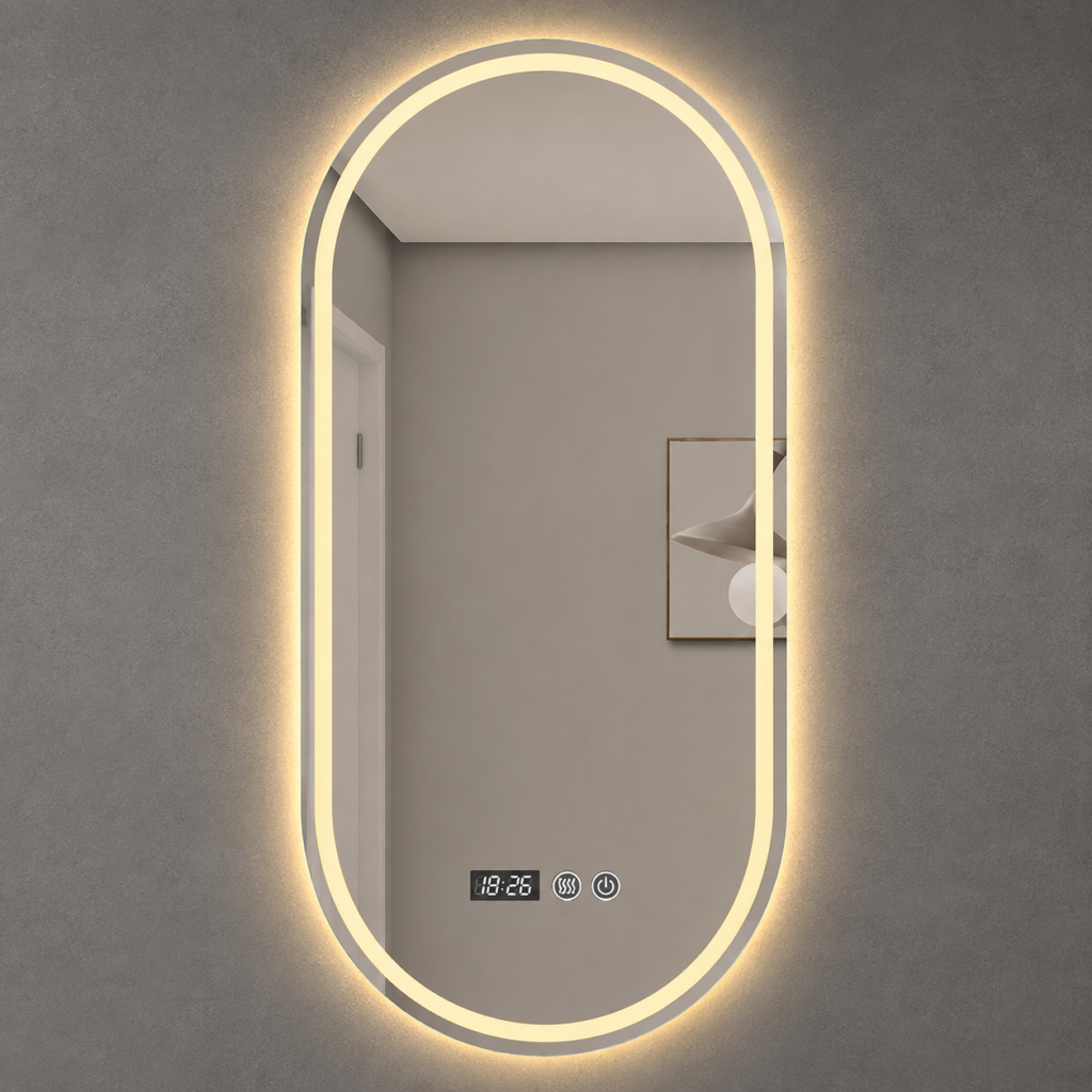 Miroir Ovale LED avec Horloge Digitale Intégrée
