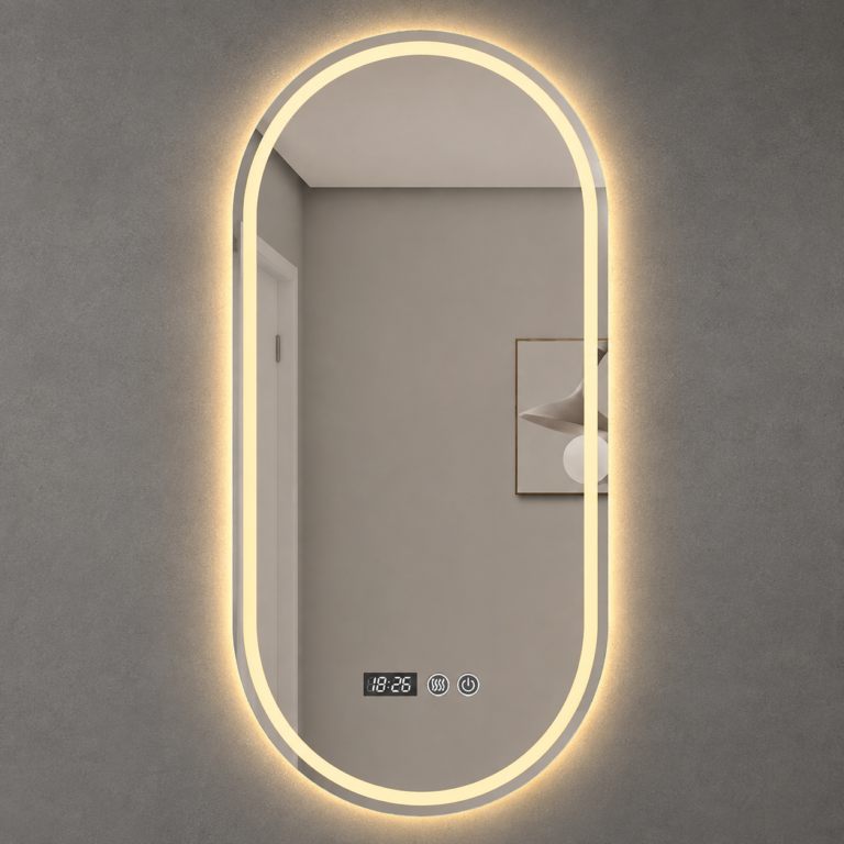 Miroir Ovale LED avec Horloge Digitale Intégrée