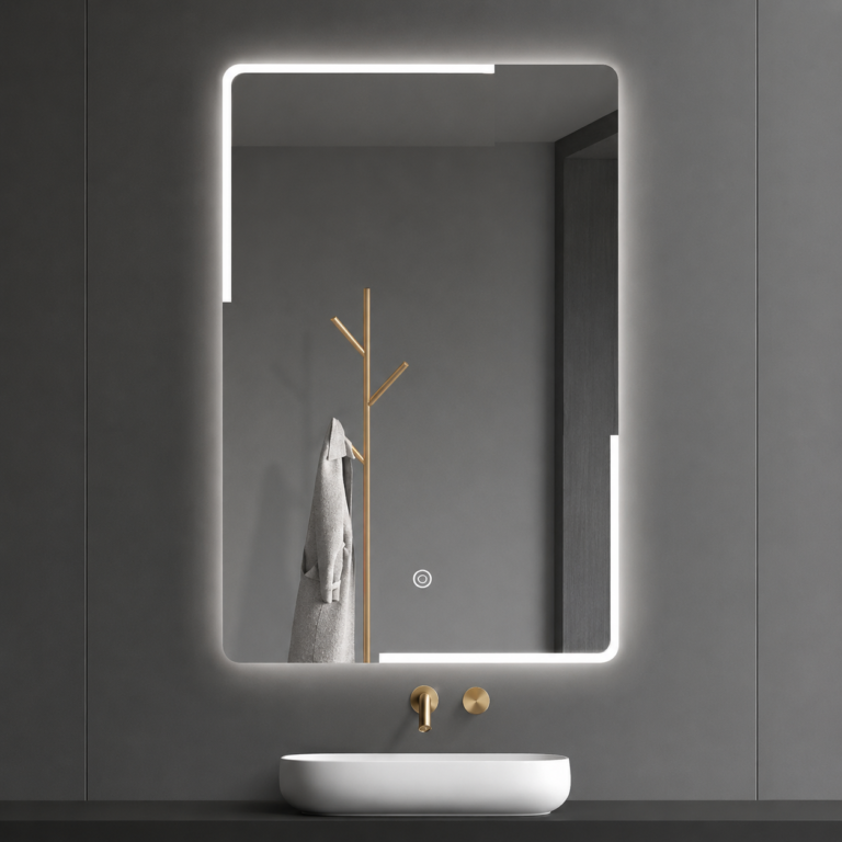 Miroir rectangulaire LED aux coins arrondis avec bouton tactile