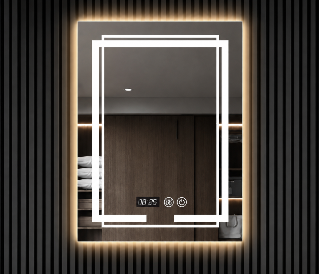 Miroir rectangulaire LED double cadre lumière chaude avec horloge digitale