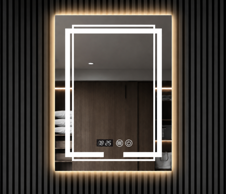 Miroir rectangulaire LED double cadre lumière chaude avec horloge digitale