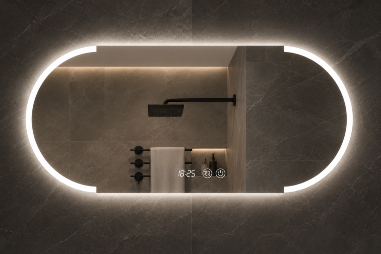 Miroir ovale allongé LED avec horloge digitale et contrôle tactile