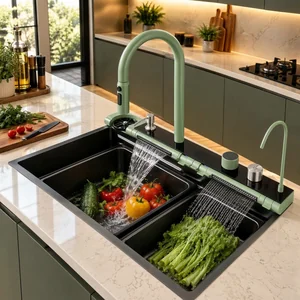 Évier de cuisine moderne avec robinet et double bac