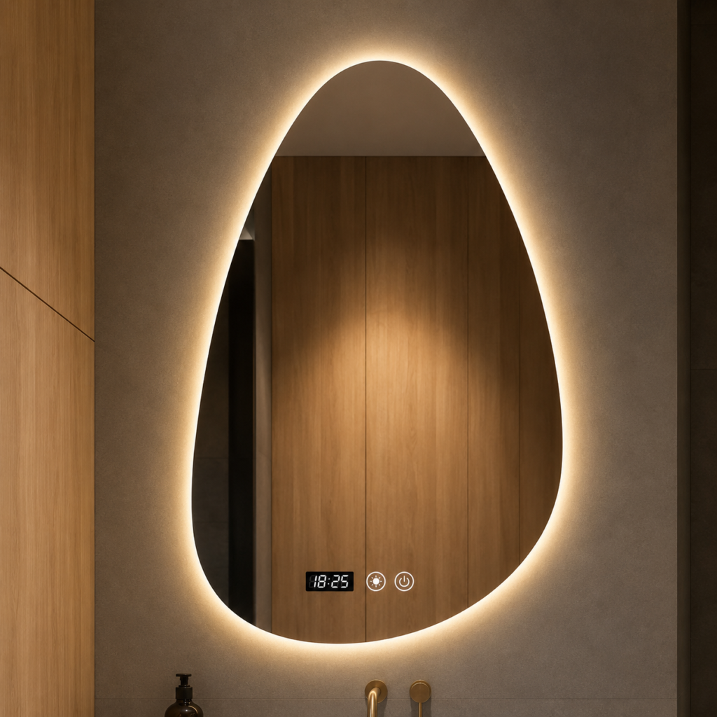 Miroir forme œuf LED lumière chaude avec horloge digitale