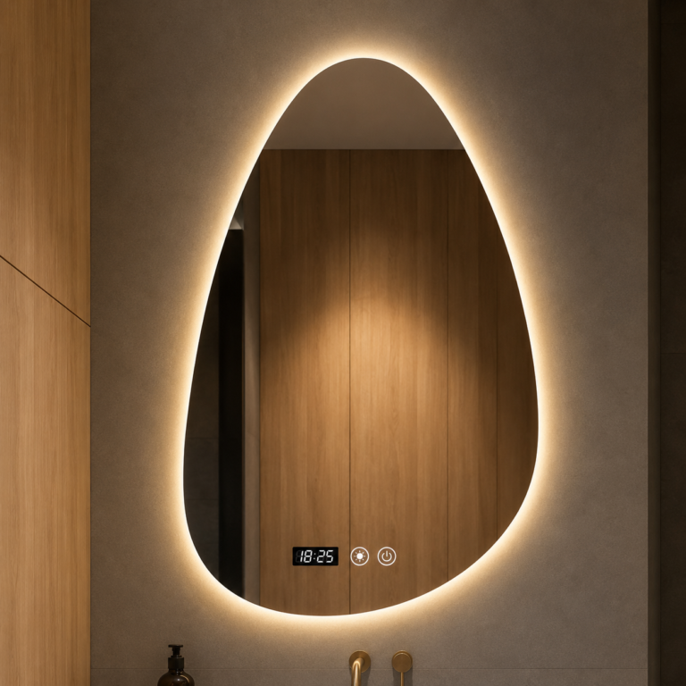 Miroir forme œuf LED lumière chaude avec horloge digitale