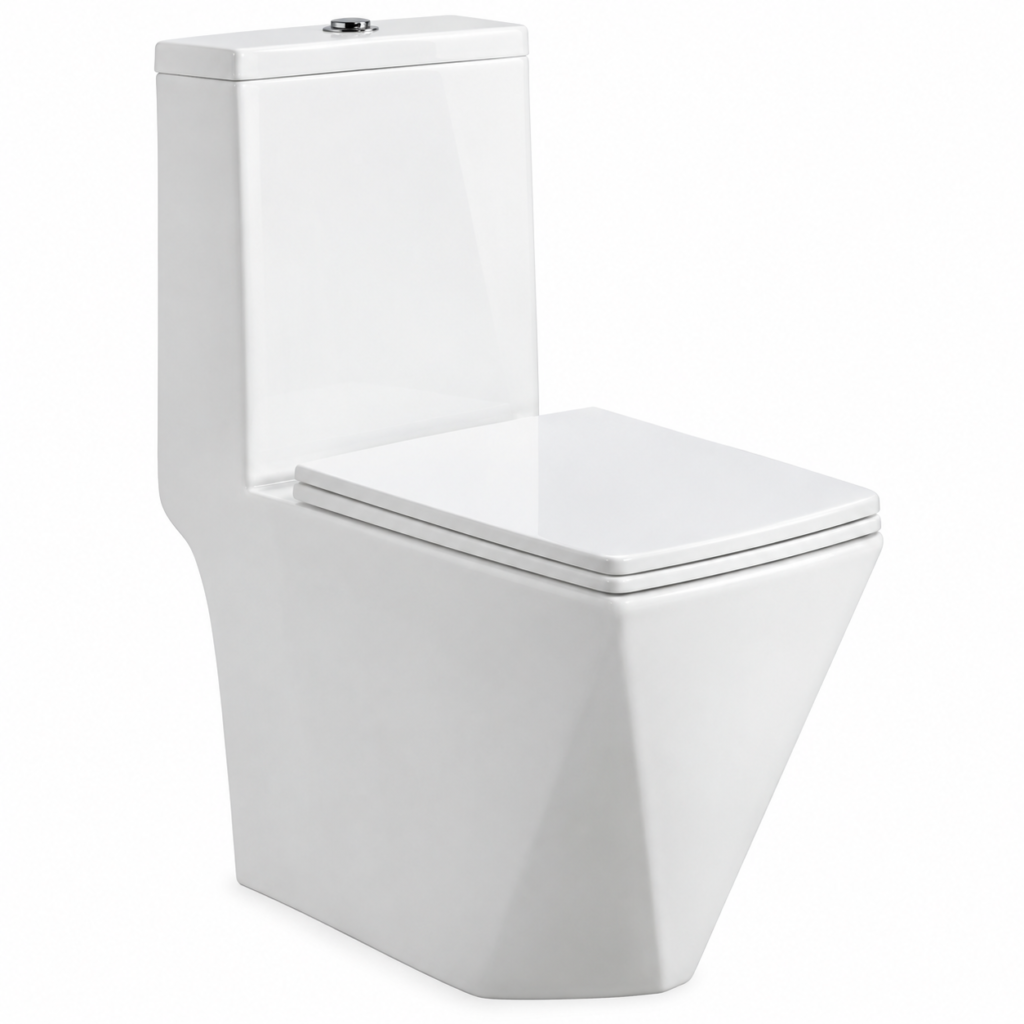 WC monobloc sans bride, design géométrique