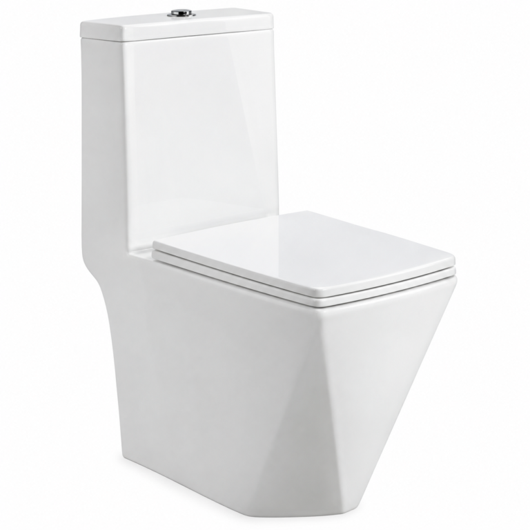 WC monobloc sans bride, design géométrique