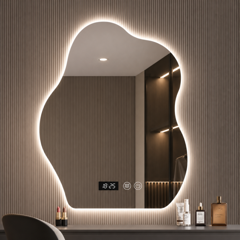 Miroir forme organique ondulée LED avec horloge digitale