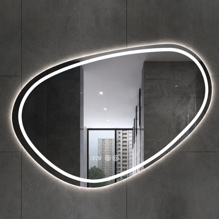 Miroir asymétrique LED forme organique avec horloge digitale et contrôle tactile
