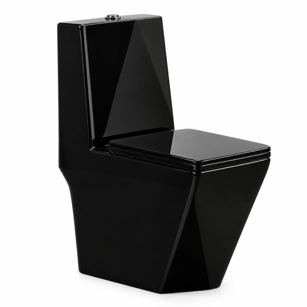 WC monobloc sans bride, design géométrique noir