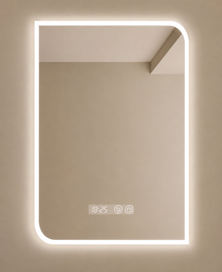 Miroir rectangulaire LED coins arrondis avec horloge digitale