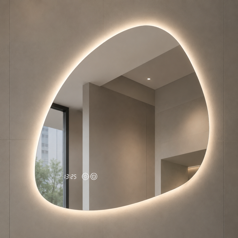 Miroir forme galet LED lumière chaude avec horloge digitale
